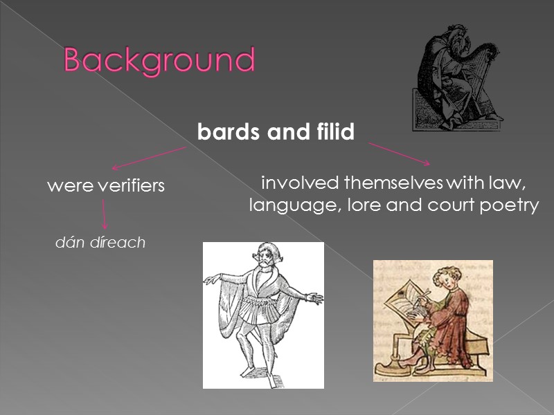 Background bards and filid  involved themselves with law, language, lore and court poetry